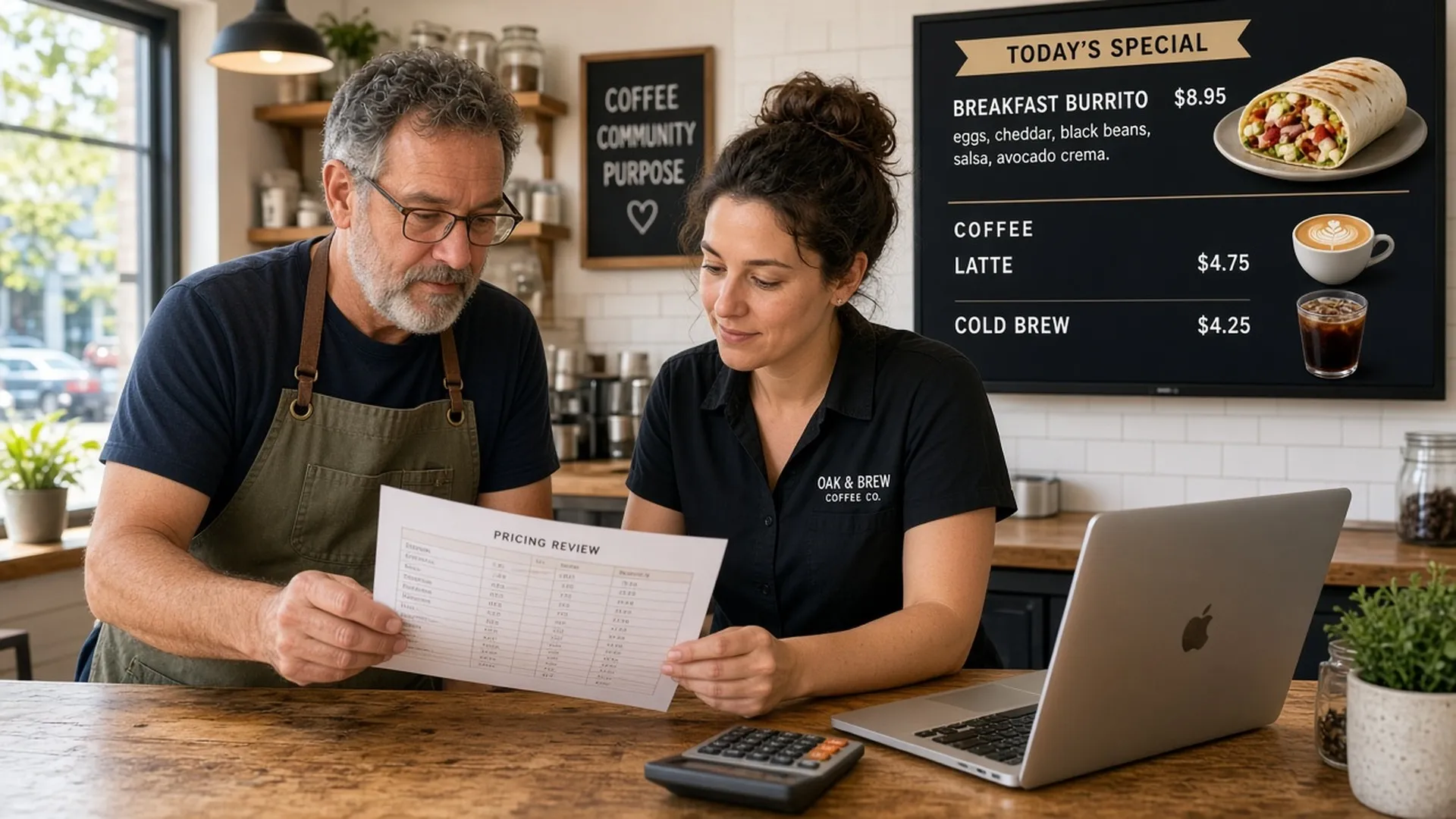 Two café owners going over a pricing review sheet, with a digital menu board showing today's special on the wall behind them