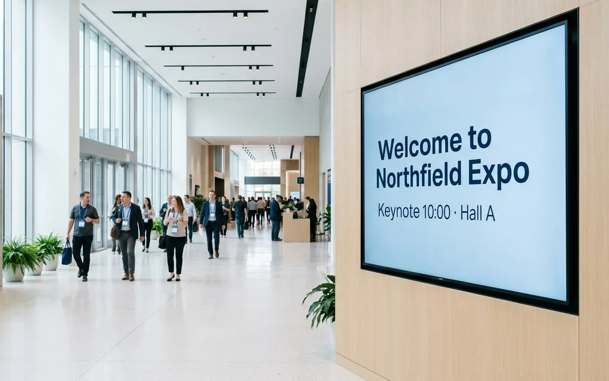 Conference center foyer with attendees and a wall screen saying Welcome to Northfield Expo
