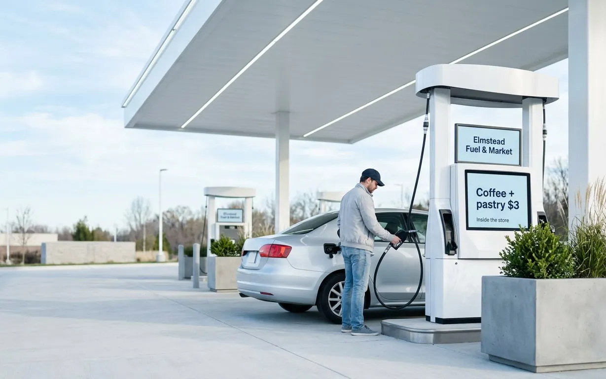 Driver filling up a silver car next to a pump screen saying Coffee + pastry $3