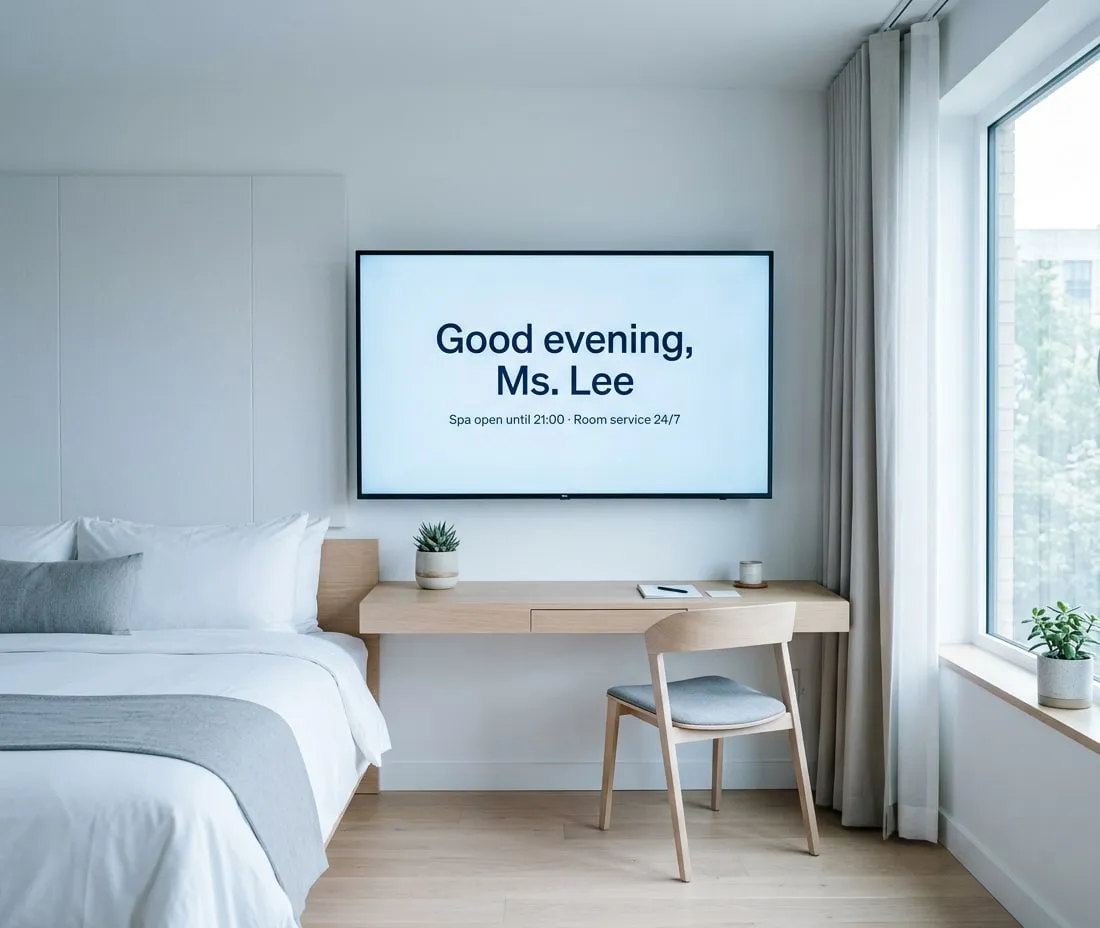 Hotel guest room with a TV above the desk saying Good evening, Ms. Lee, the spa is open until 21:00 and room service 24/7