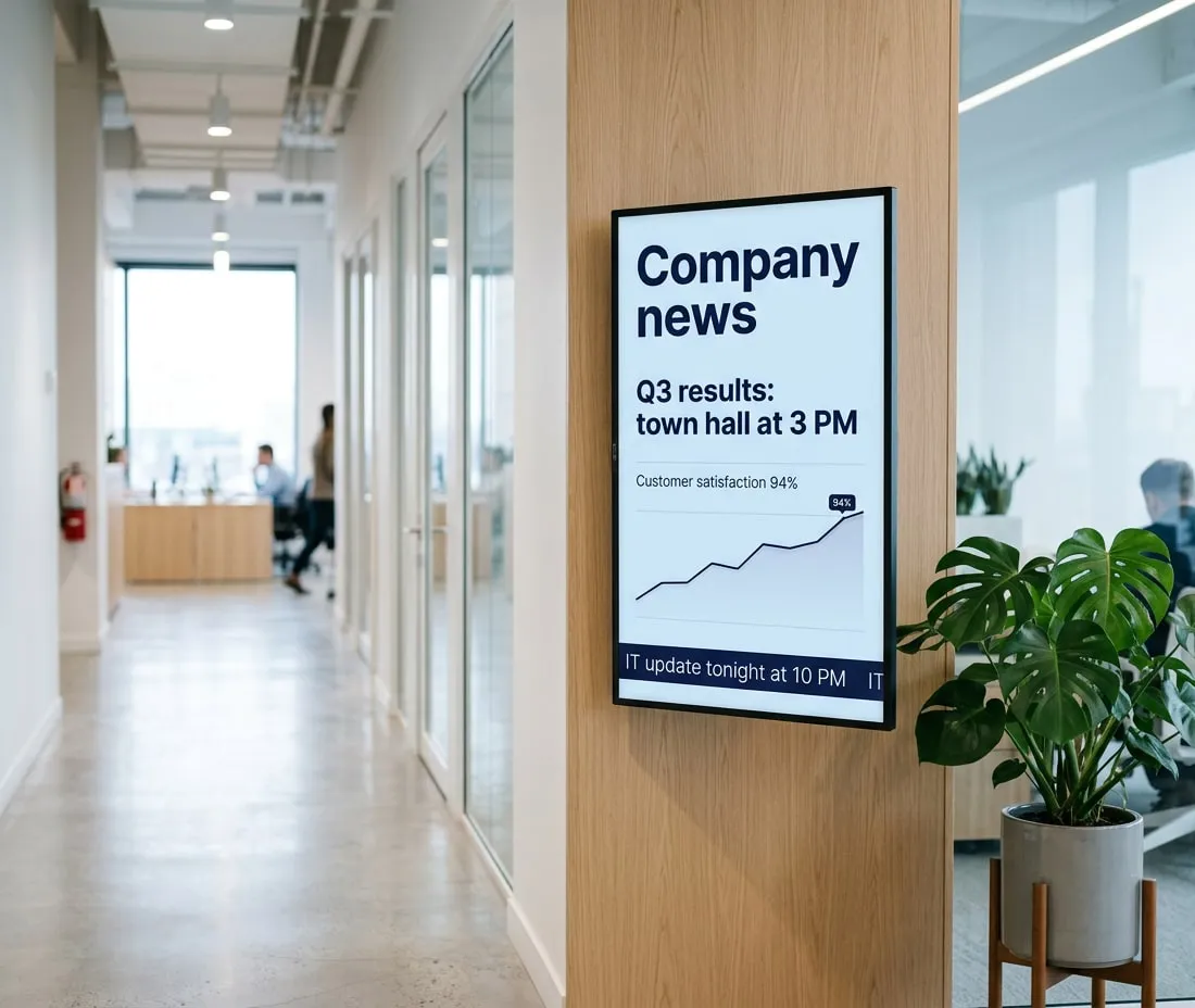 Office corridor screen showing company news: Q3 results town hall at 3 PM, a customer satisfaction chart at 94% and a ticker saying IT update tonight at 10 PM