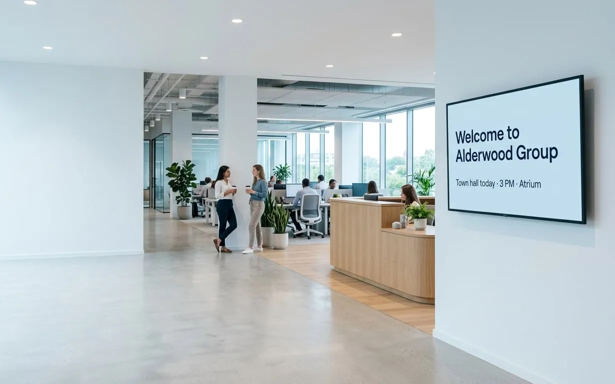 Office reception with a wall screen welcoming visitors to Alderwood Group
