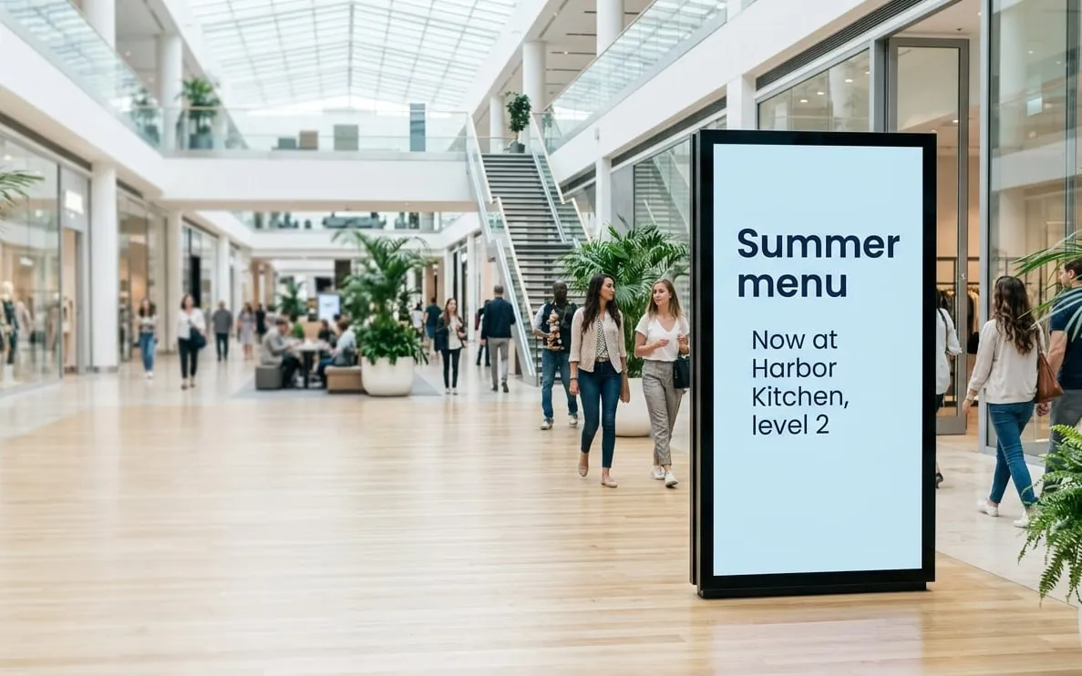 Shopping mall with a large portrait screen advertising a summer menu at Harbor Kitchen