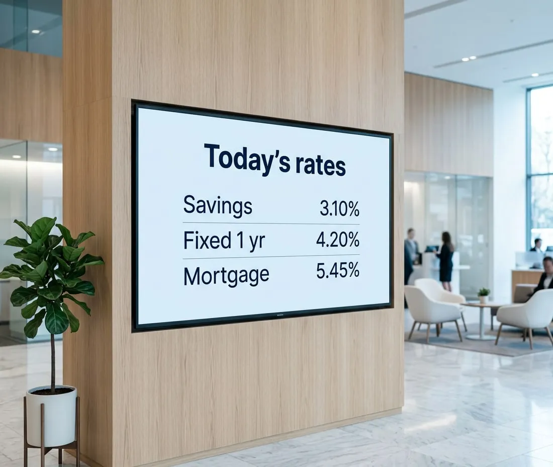 Wall screen in a bank lobby showing today’s rates: savings 3.10%, fixed 1 year 4.20%, mortgage 5.45%