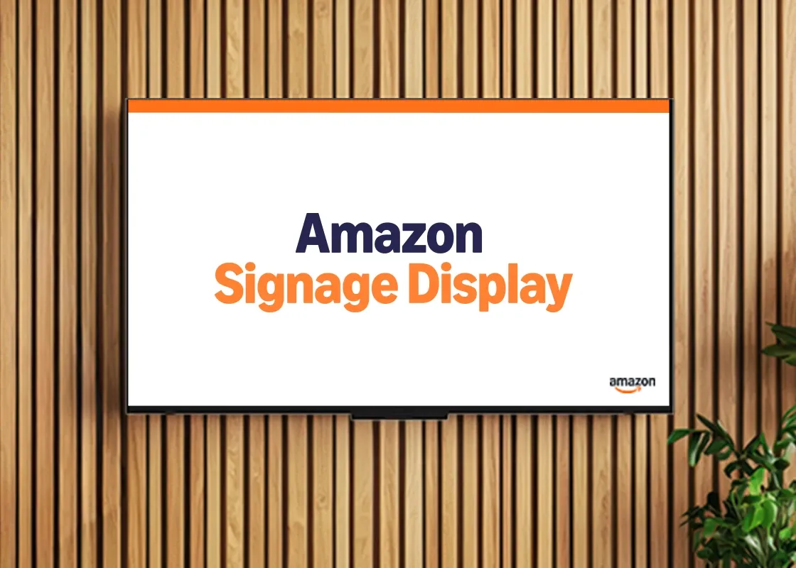 Amazon Signage Display on a wooden slatted wall