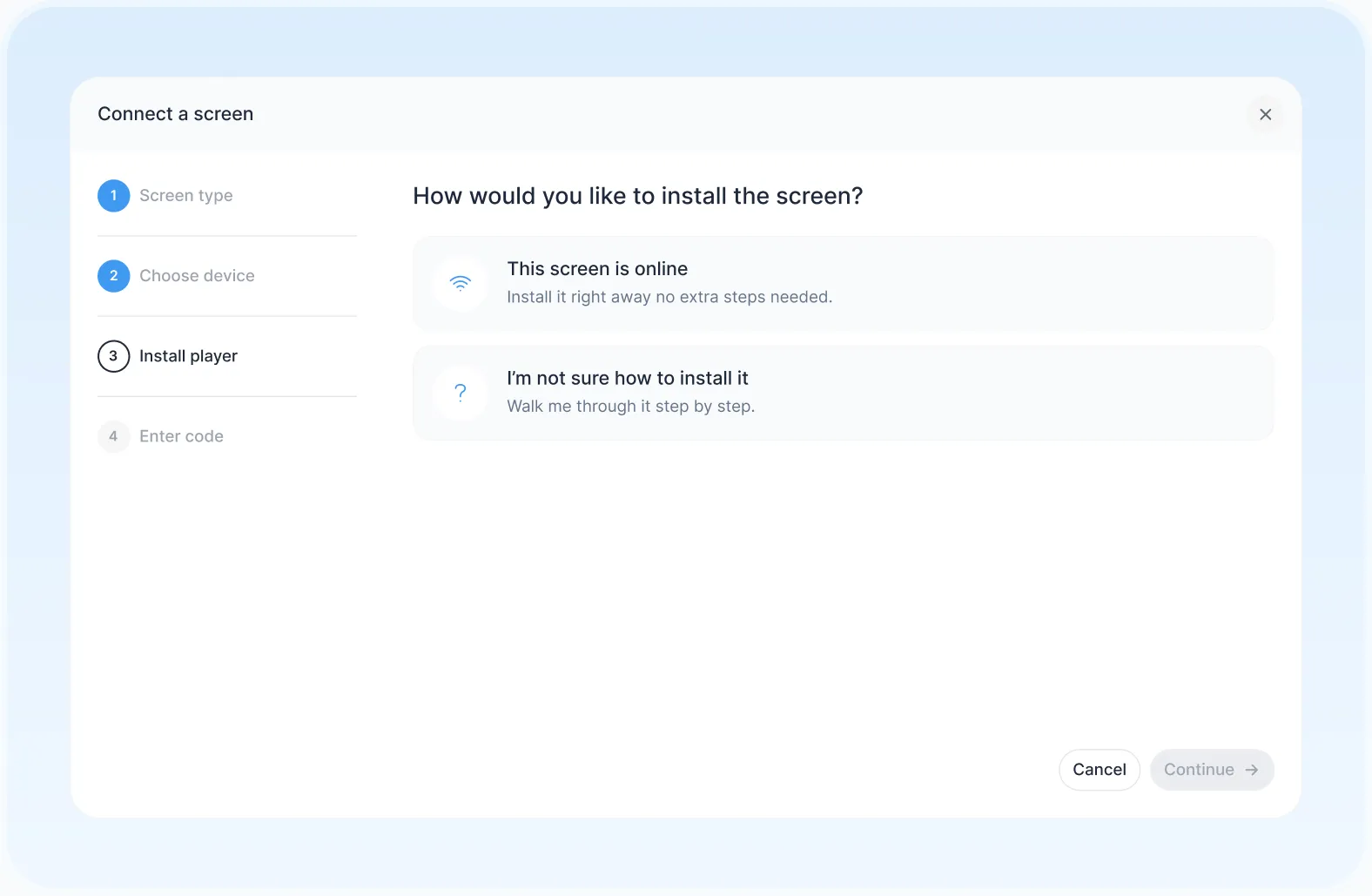 The Connect a screen window in Play, asking whether the screen is online or needs step-by-step help