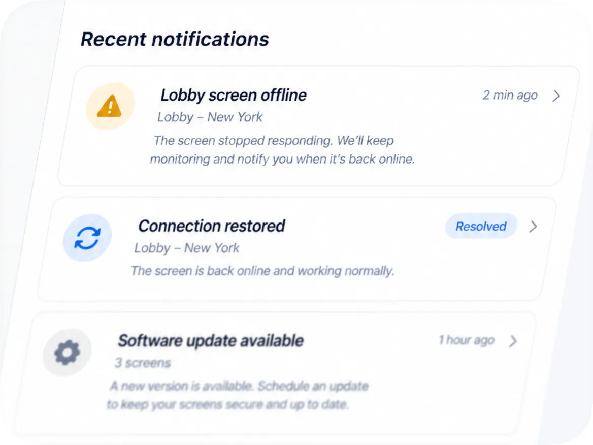 Recent notifications about a screen that went offline, came back online and has an update
