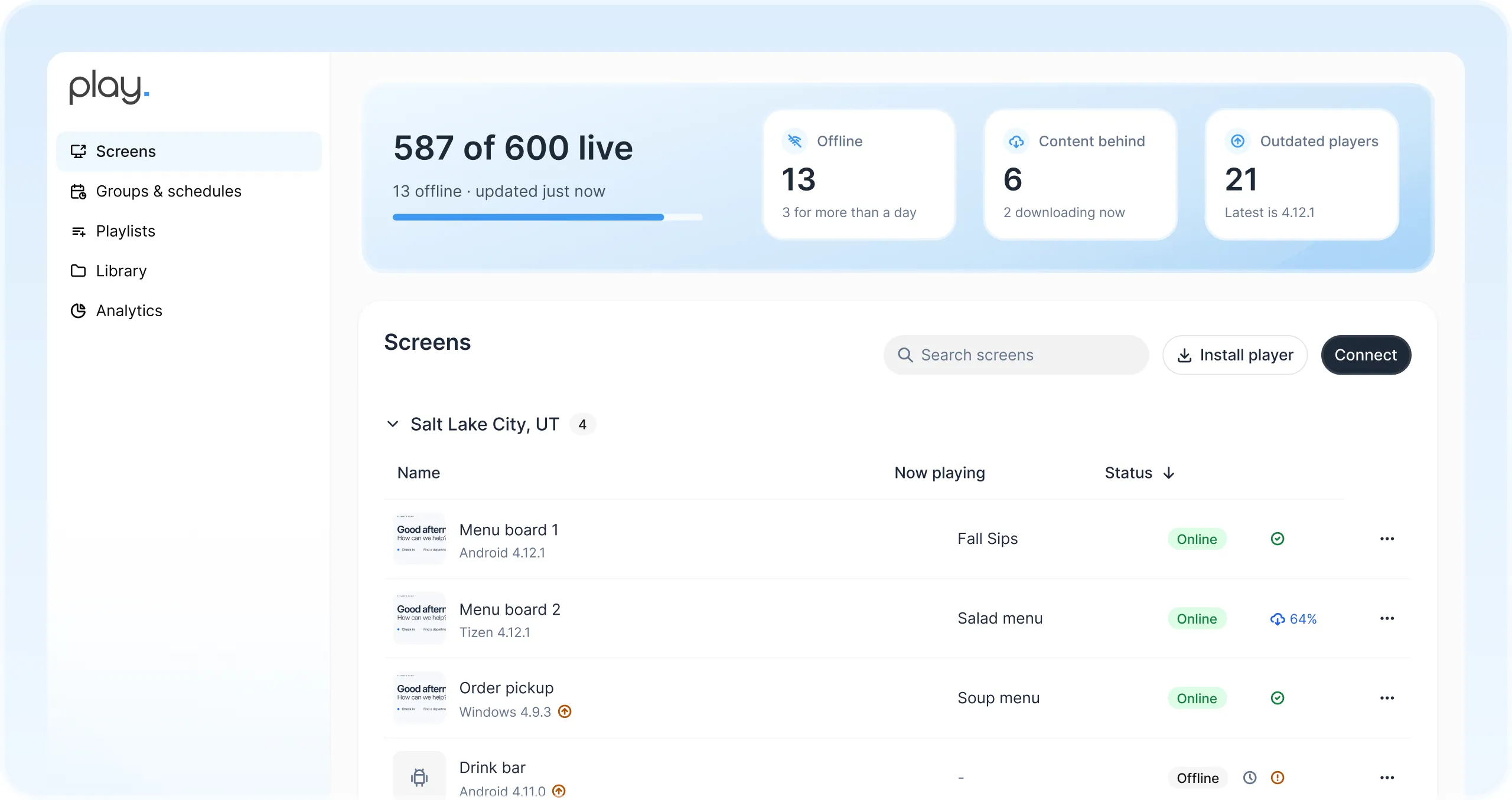 Play dashboard with 587 of 600 screens live and the menu boards, order pickup and drink bar screens of a Salt Lake City restaurant with what each one is playing