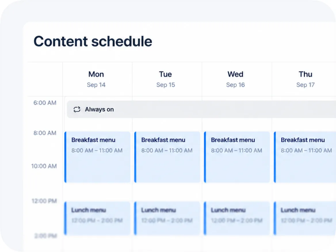 Weekly content schedule with breakfast and lunch menus at set times