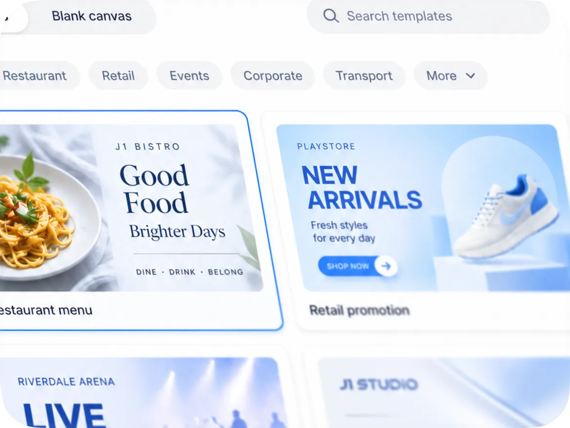 Template gallery with a restaurant menu and a retail promotion