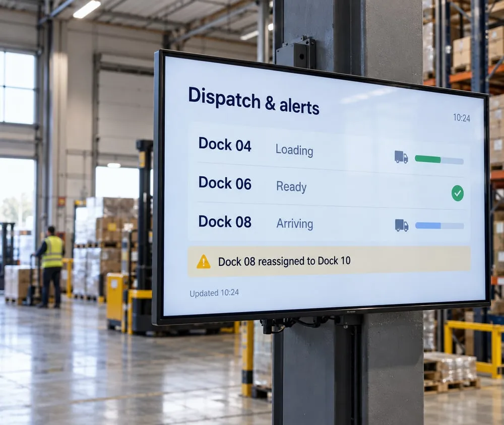 Warehouse screen showing dock status and a notice that dock 08 has been reassigned to dock 10