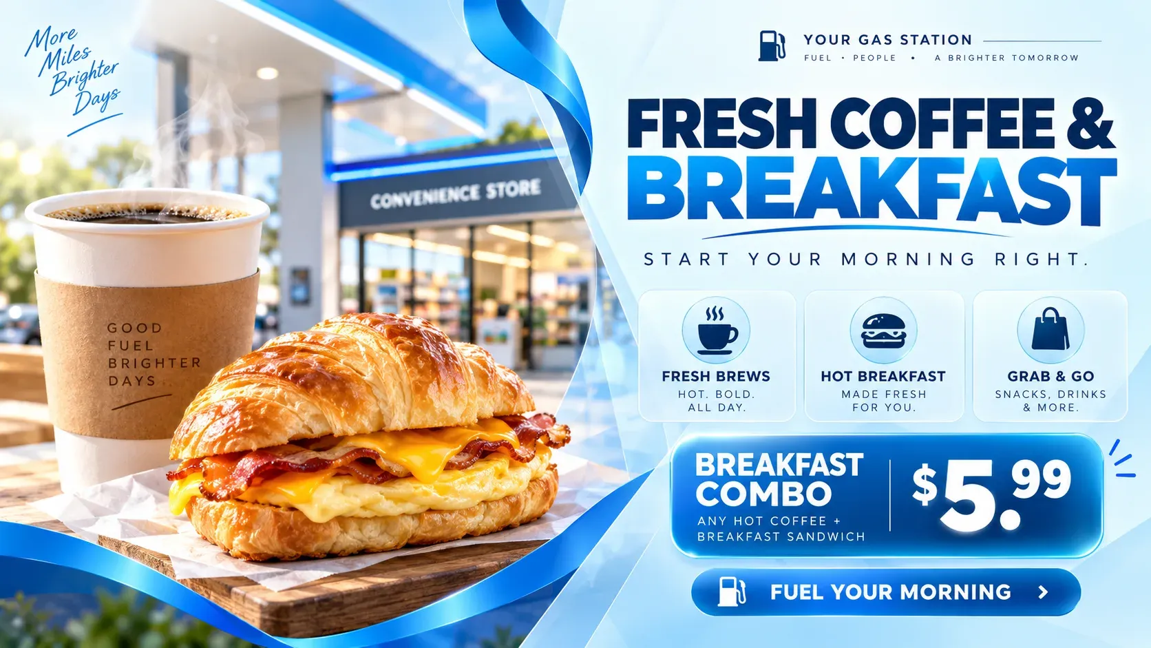 Fresh Coffee & Breakfast: digital signage template for gas stations