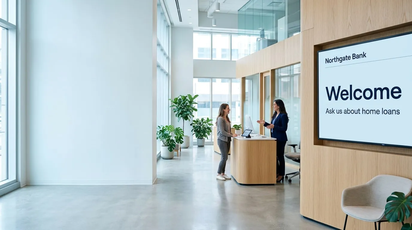 Bright bank lobby where an advisor talks with a customer at a wood counter, next to a wall screen saying Northgate Bank, Welcome, Ask us about home loans
