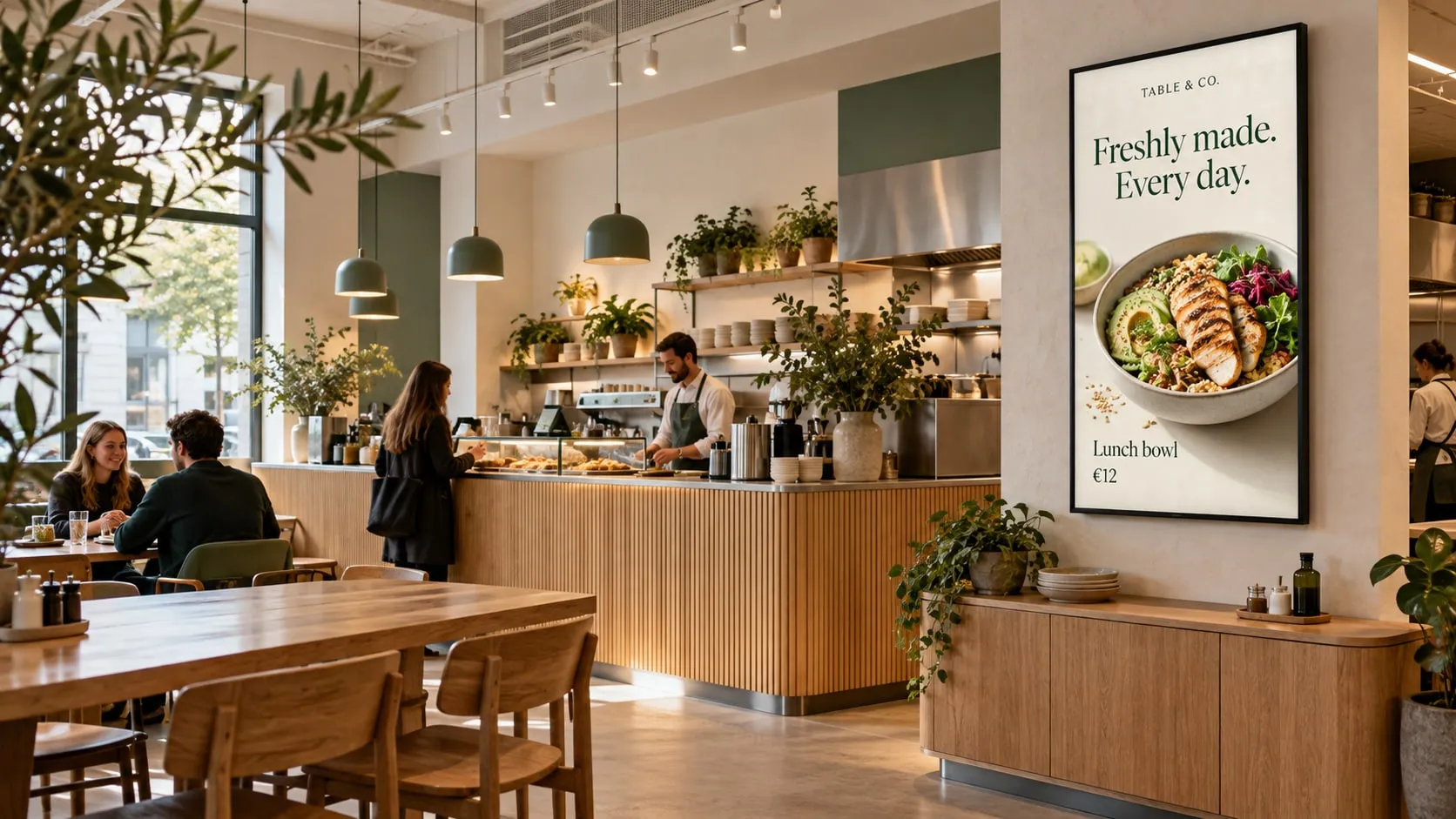 Café counter with a barista at work and a large portrait screen on the wall showing a lunch bowl for €12