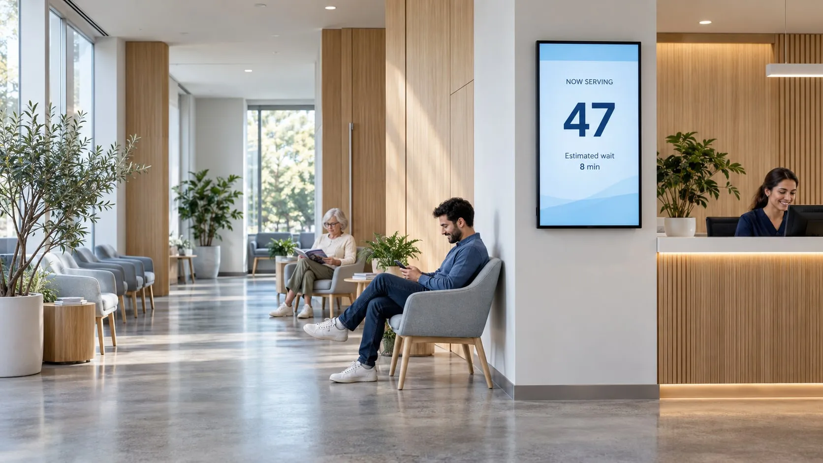 Clinic waiting room with a screen showing the number now being served and the estimated wait