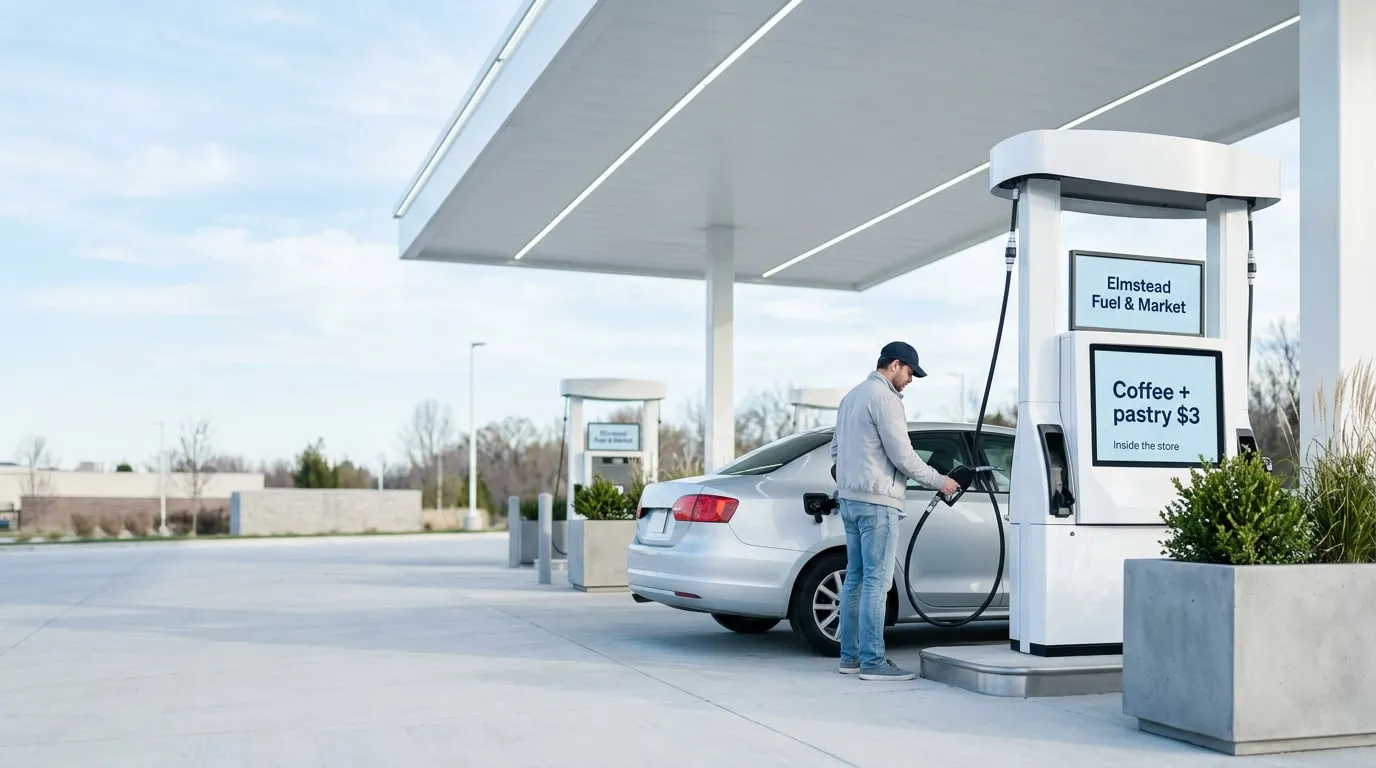 Driver filling up a silver car under a white canopy, next to a pump screen for Elmstead Fuel & Market saying Coffee + pastry $3, inside the store