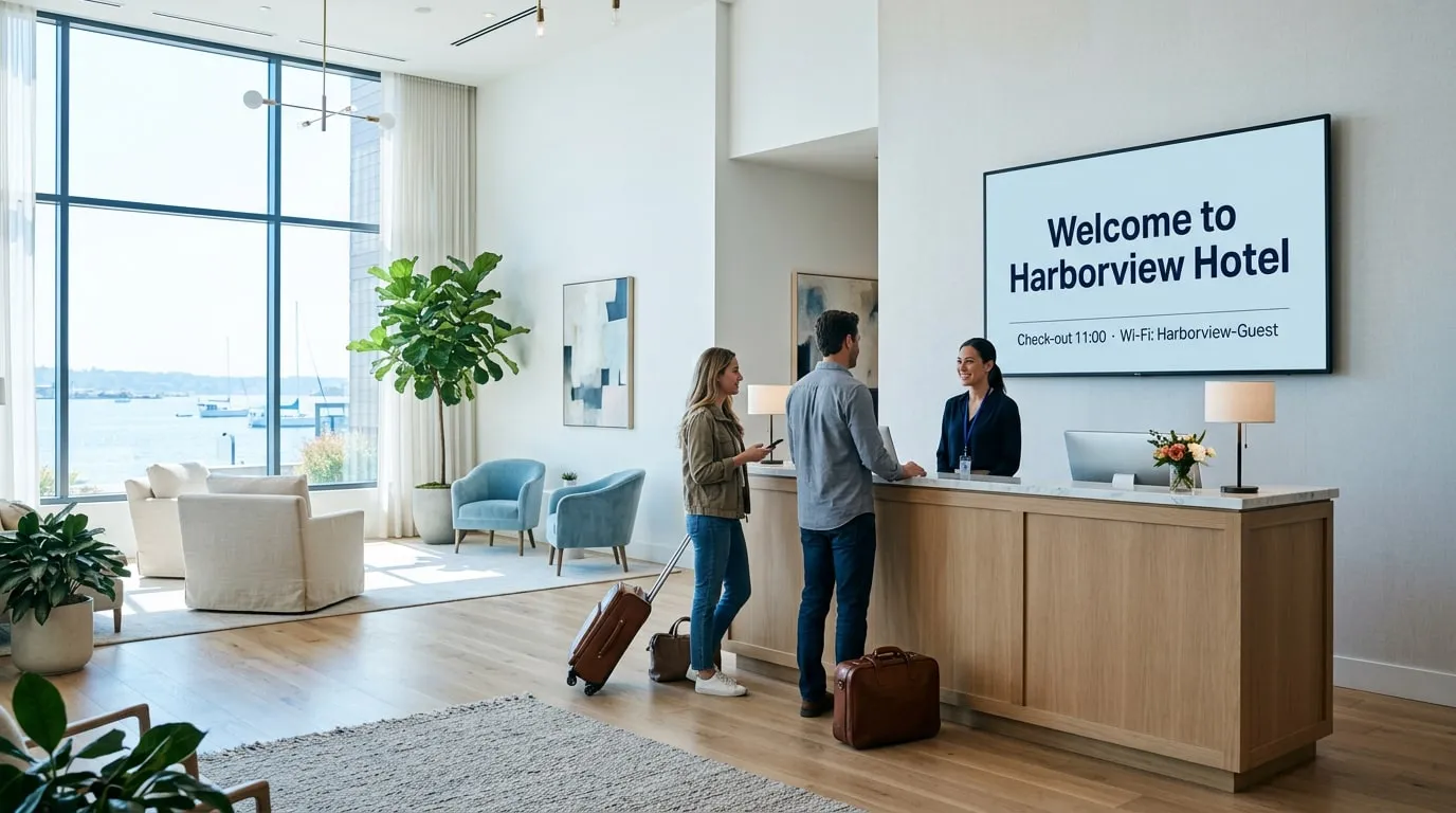 Hotel lobby with guests at the front desk under a wall screen saying Welcome to Harborview Hotel, check-out 11:00, with the Wi-Fi name