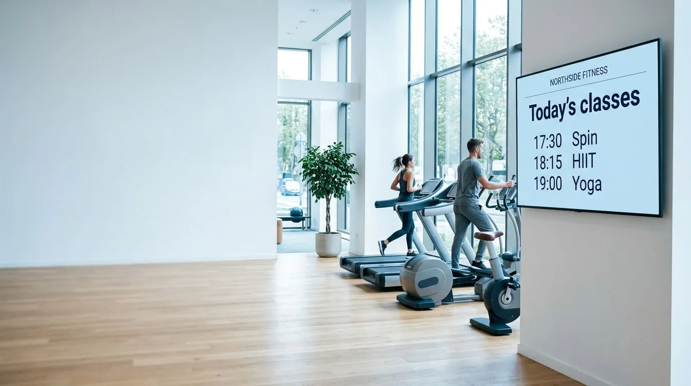 Bright fitness club with two members on a treadmill and a cross-trainer by tall windows, beside a wall screen for Northside Fitness showing today’s classes: spin at 17:30, HIIT at 18:15 and yoga at 19:00