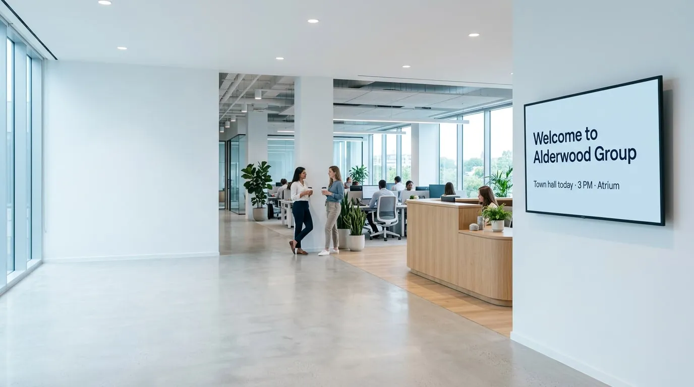 Bright office reception and open-plan office with a wall screen saying Welcome to Alderwood Group and Town hall today, 3 PM, Atrium