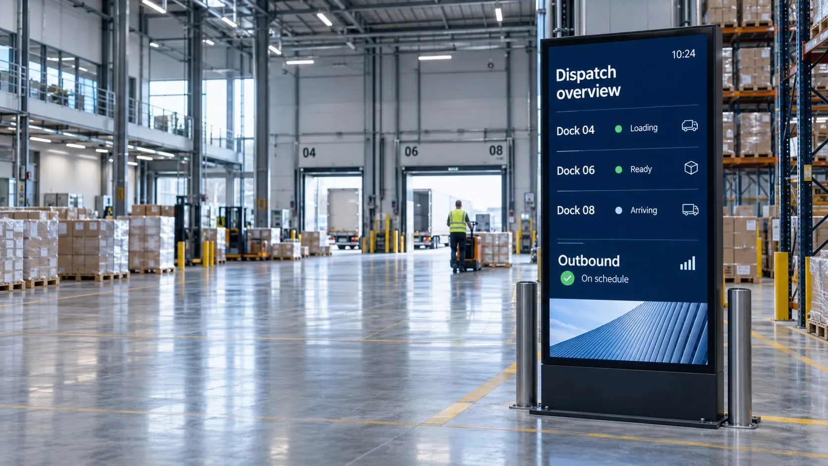 Warehouse with a large freestanding screen showing a dispatch overview: dock 04 loading, dock 06 ready, dock 08 arriving and outbound on schedule