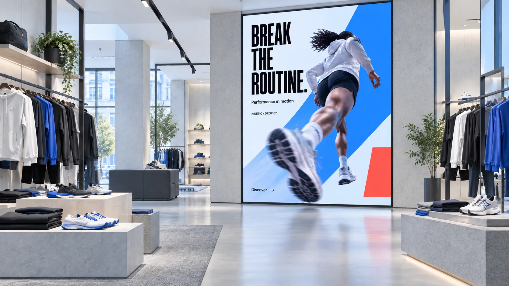 Clothing store with a large promotional screen