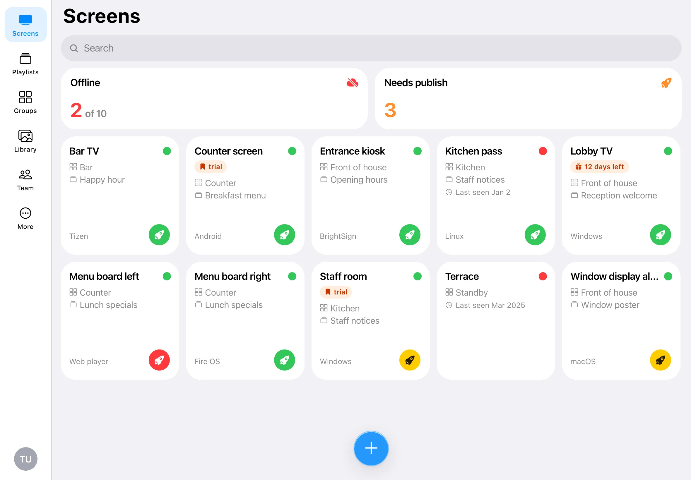 The Play app on a tablet: every screen with its online status, group and playlist, and how many need publishing