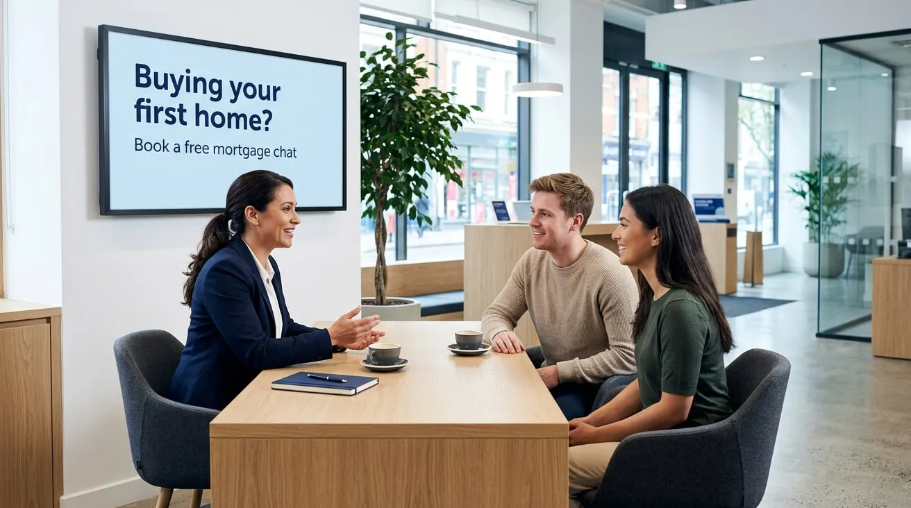 Bank advisor talking with a young couple at a desk under a screen saying Buying your first home? Book a free mortgage chat