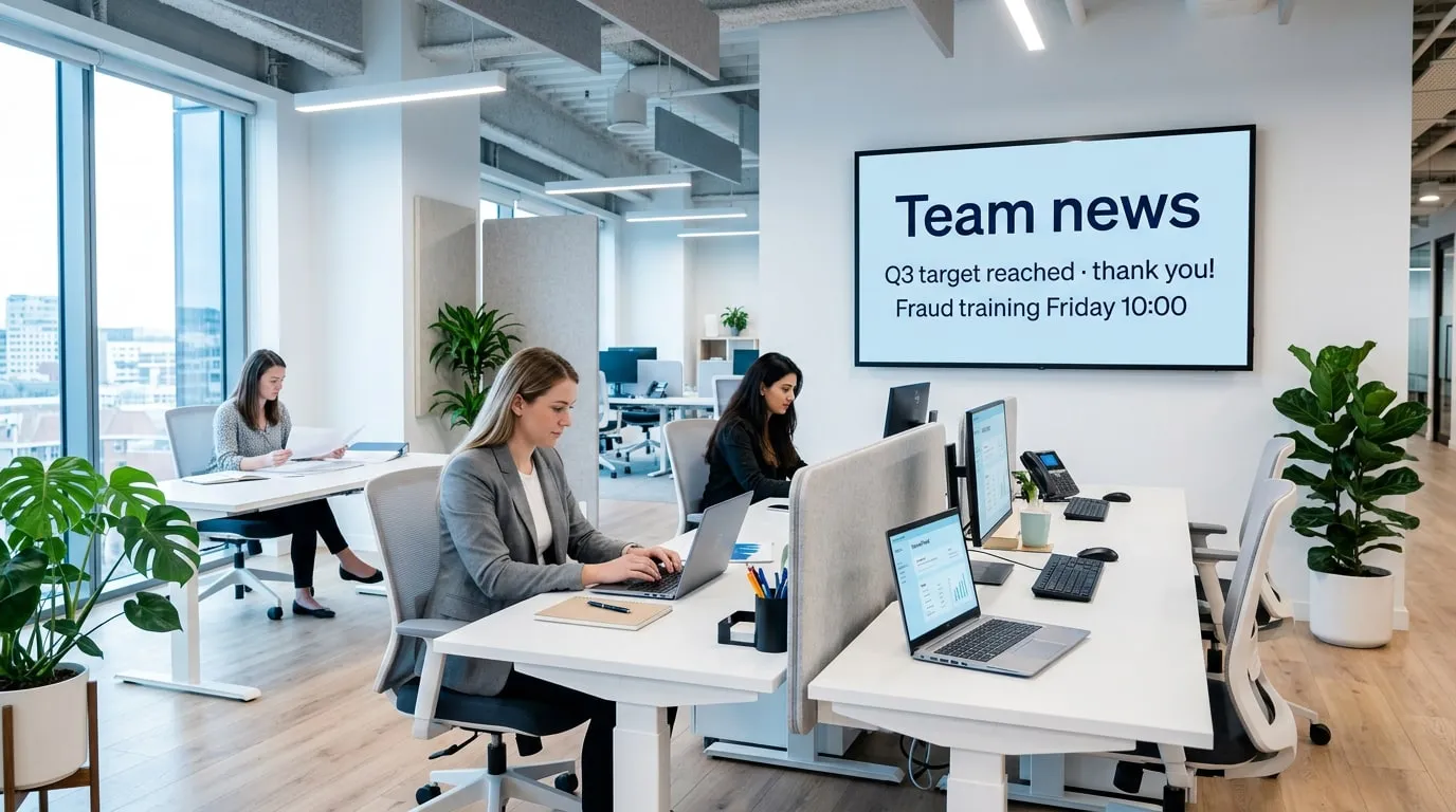 Bank back office with staff at their desks and a wall screen saying Team news, Q3 target reached, thank you!, Fraud training Friday 10:00