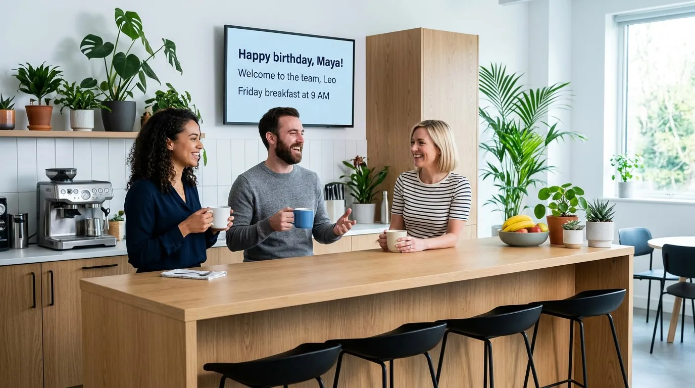 Three colleagues chatting over coffee in an office kitchen, below a screen saying Happy birthday, Maya, Welcome to the team, Leo and Friday breakfast at 9 AM