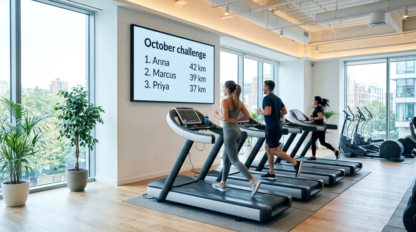 Members running on treadmills toward a wall screen with the October challenge leaderboard: Anna 42 km, Marcus 39 km and Priya 37 km