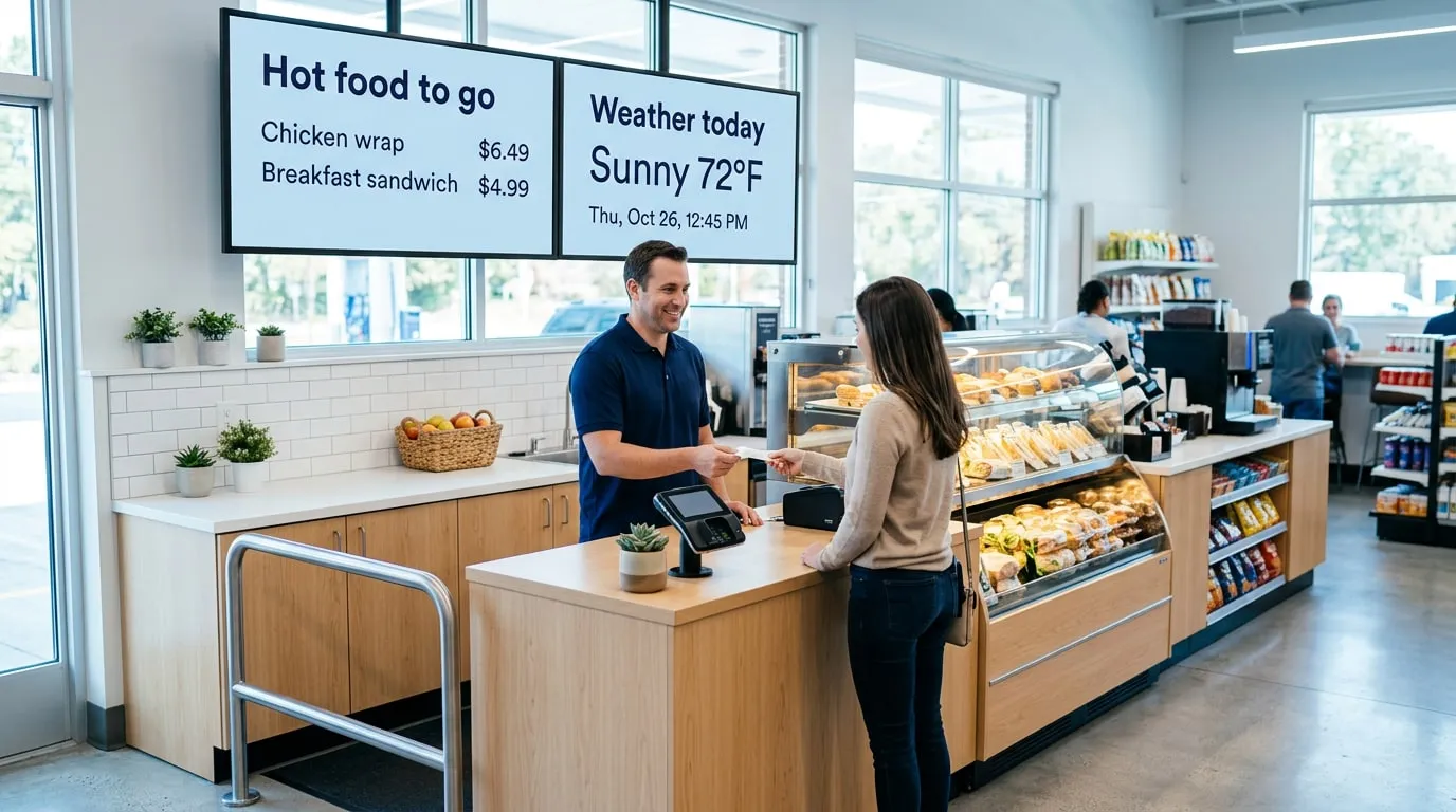 Cashier serving a customer at a convenience store counter, below screens with hot food to go (chicken wrap $6.49, breakfast sandwich $4.99) and today’s weather, sunny and 72°F