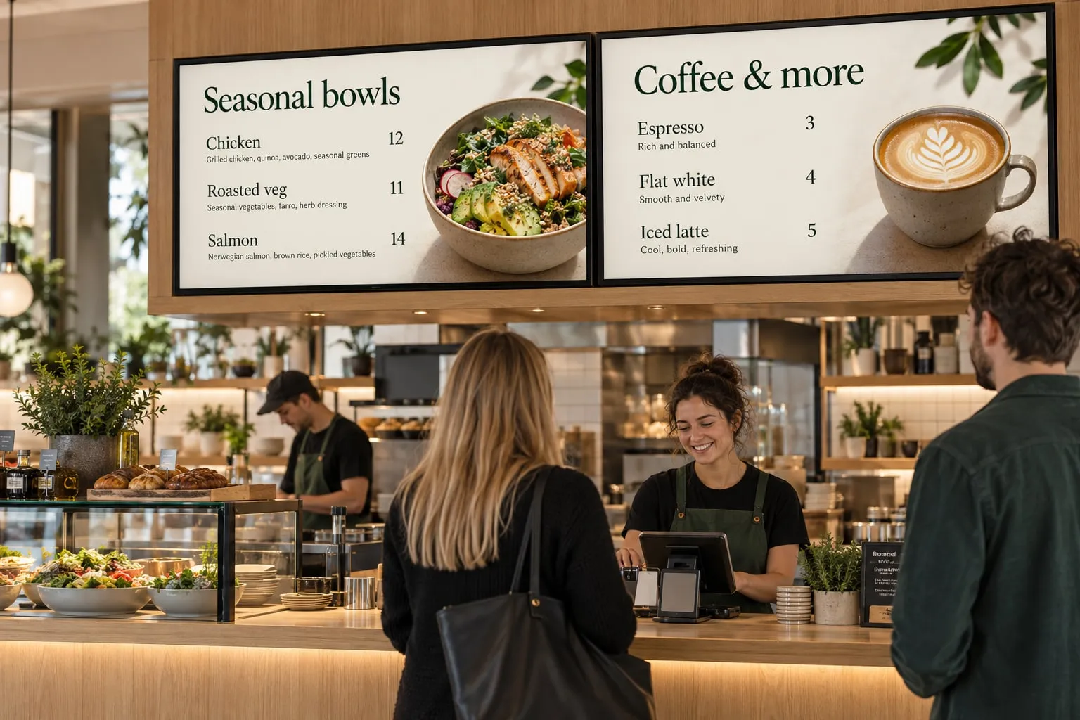 Guests ordering at a café counter under two menu boards with seasonal bowls, coffee and their prices