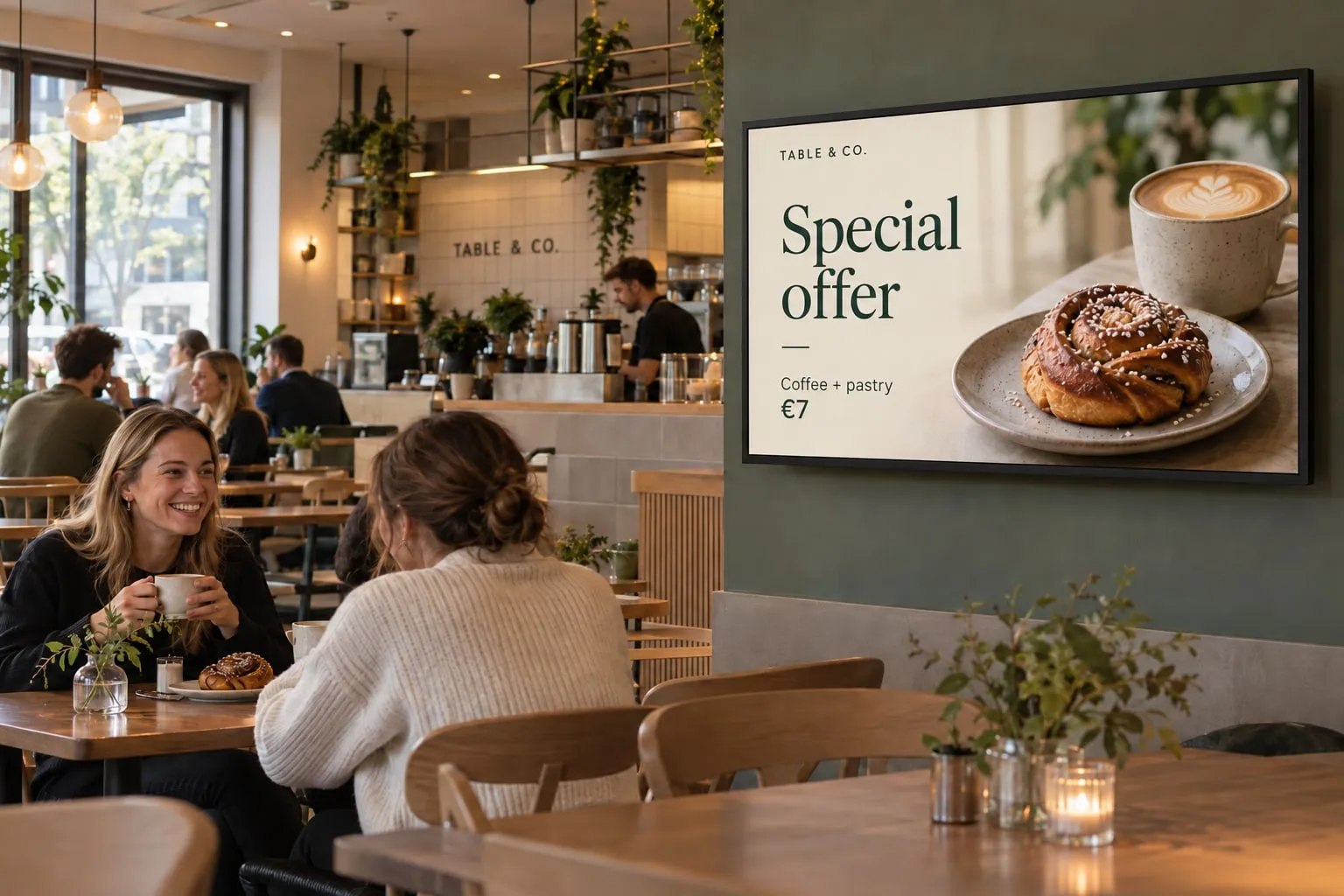 Guests at a café table next to a wall screen with a special offer: coffee and pastry for €7