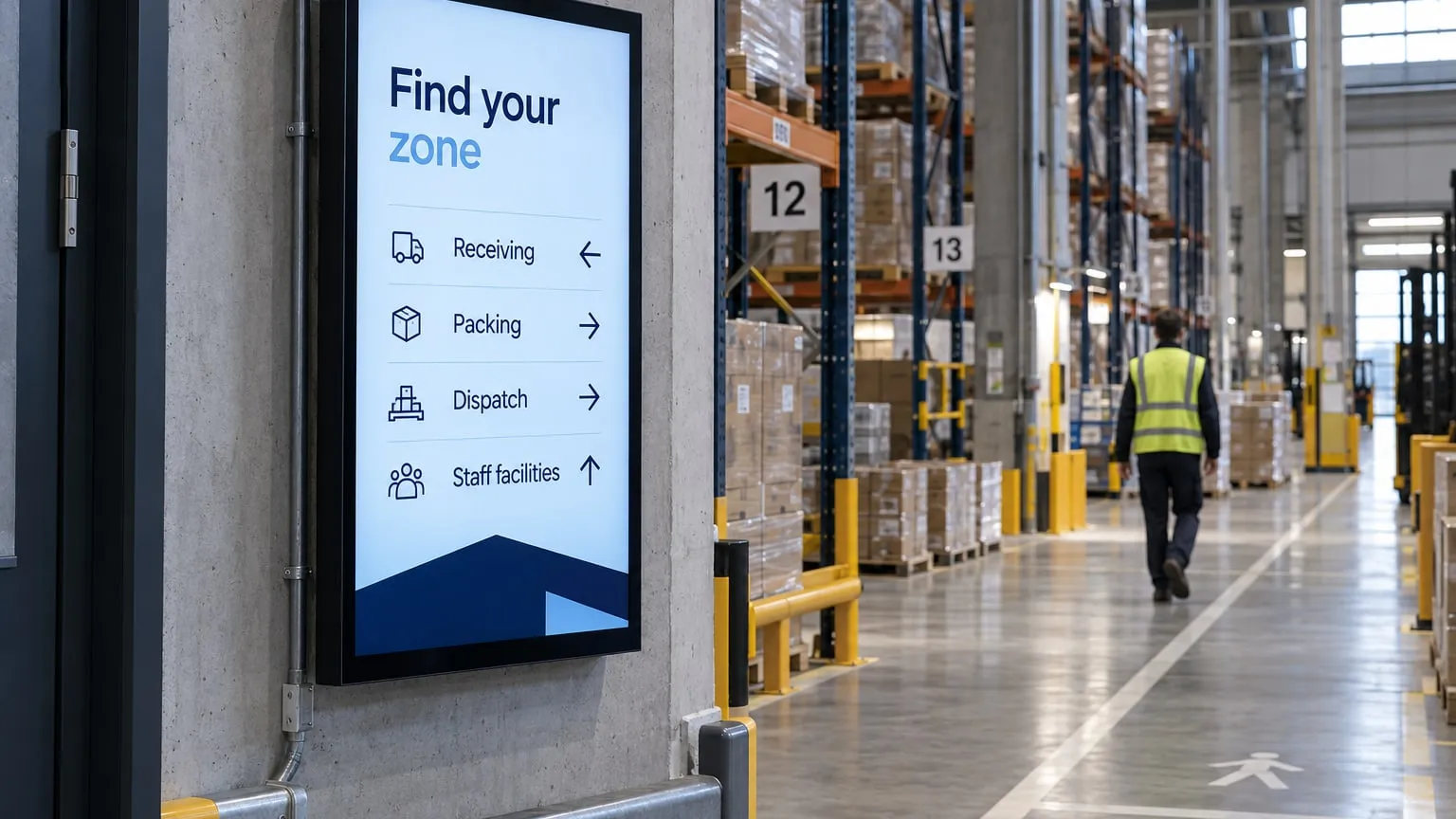 Warehouse entrance with a wall screen pointing to receiving, packing, dispatch and staff facilities