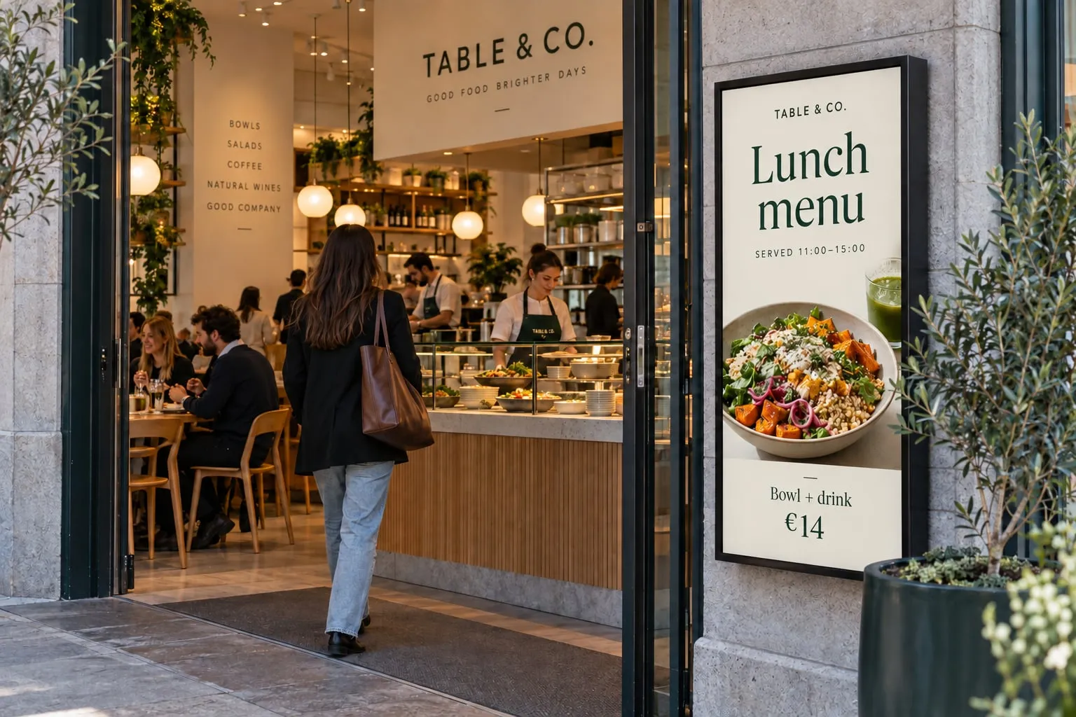 Guest walking into a café past a portrait screen at the door showing the lunch menu: bowl and drink for €14