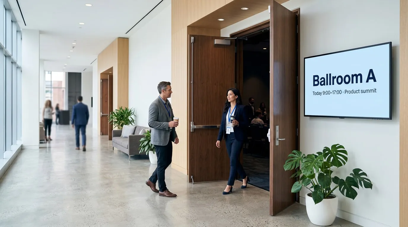 Conference guests with coffee at the open doors of a ballroom, next to a screen saying Ballroom A, today 9:00 to 17:00, Product summit