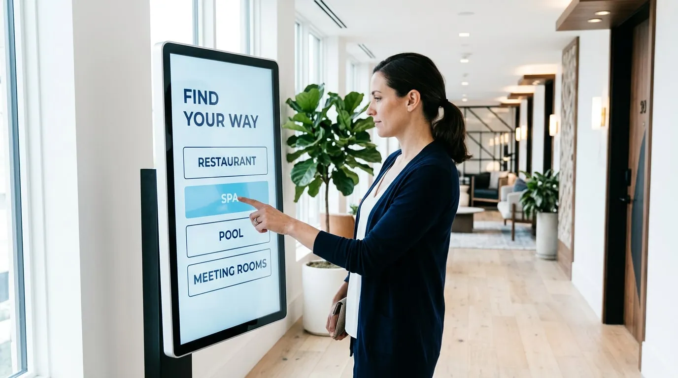 Guest in a hotel corridor tapping Spa on a touch screen titled Find your way, with buttons for the restaurant, spa, pool and meeting rooms