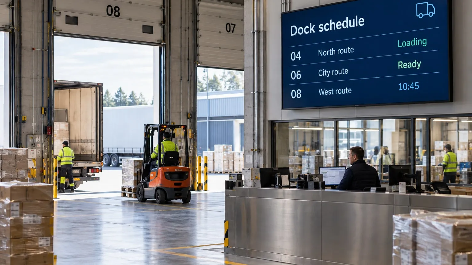 Loading dock with a forklift and a screen above the desk listing which docks are loading, ready or due at 10:45