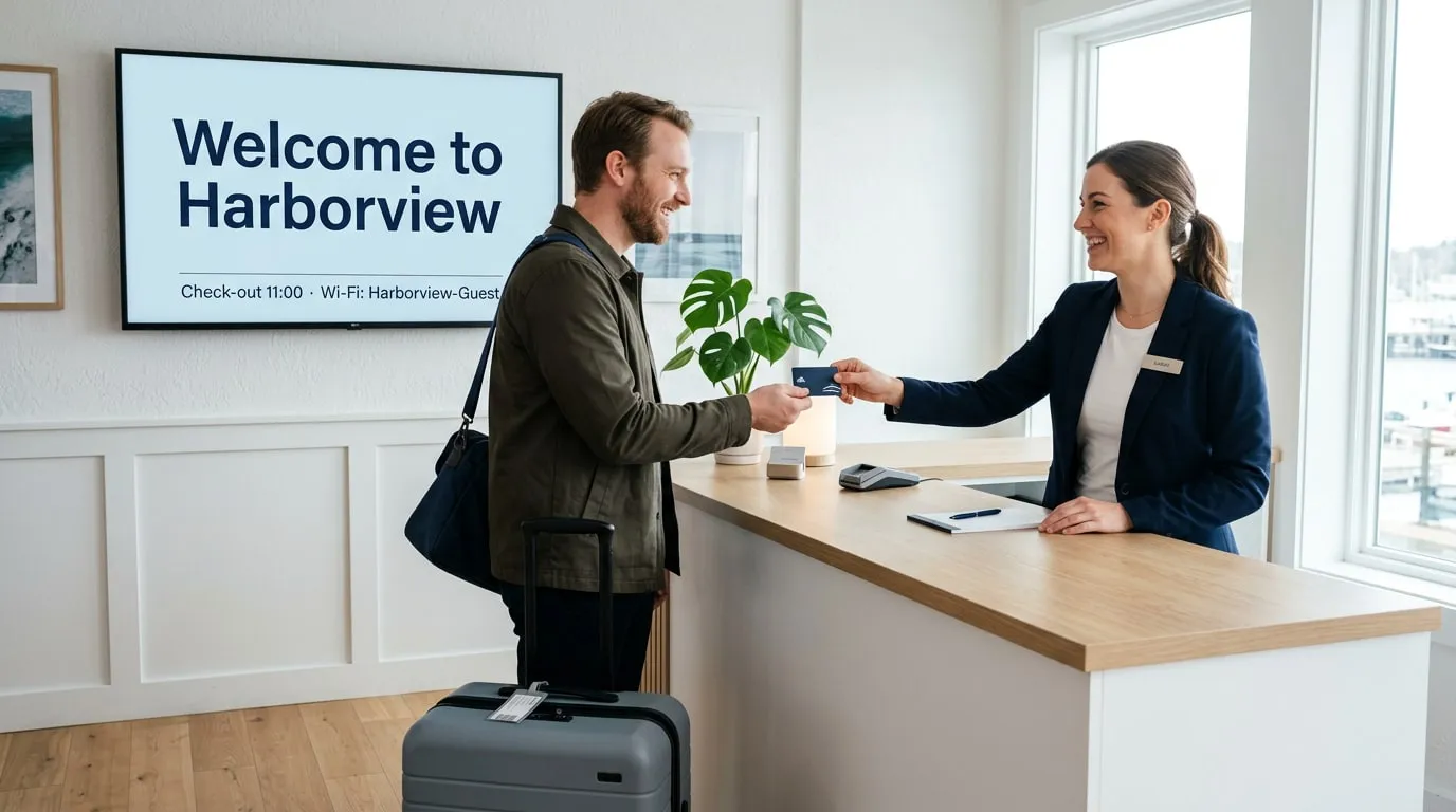Receptionist handing a key card to a guest with a suitcase, under a screen saying Welcome to Harborview, check-out 11:00, with the Wi-Fi name