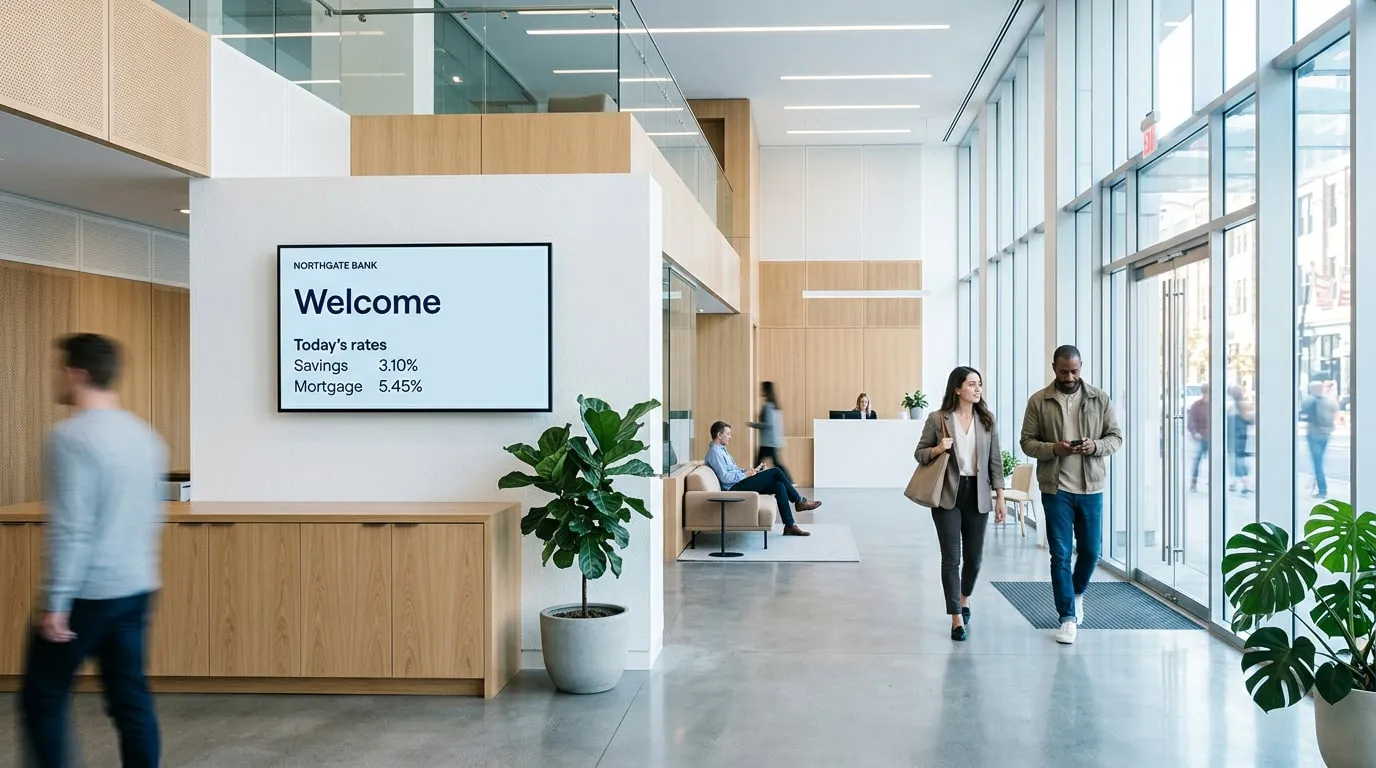 Bank lobby with customers walking in and a wall screen saying Northgate Bank, Welcome, Today’s rates: Savings 3.10%, Mortgage 5.45%