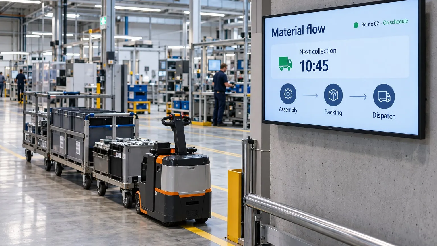 Factory floor with a delivery cart and a wall screen showing the next material collection at 10:45