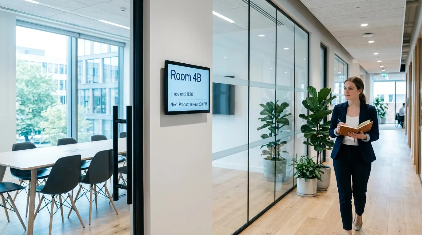 Woman with a notebook walking past a glass meeting room, next to a door screen saying Room 4B, in use until 11:30, next: product review at 1:00 PM