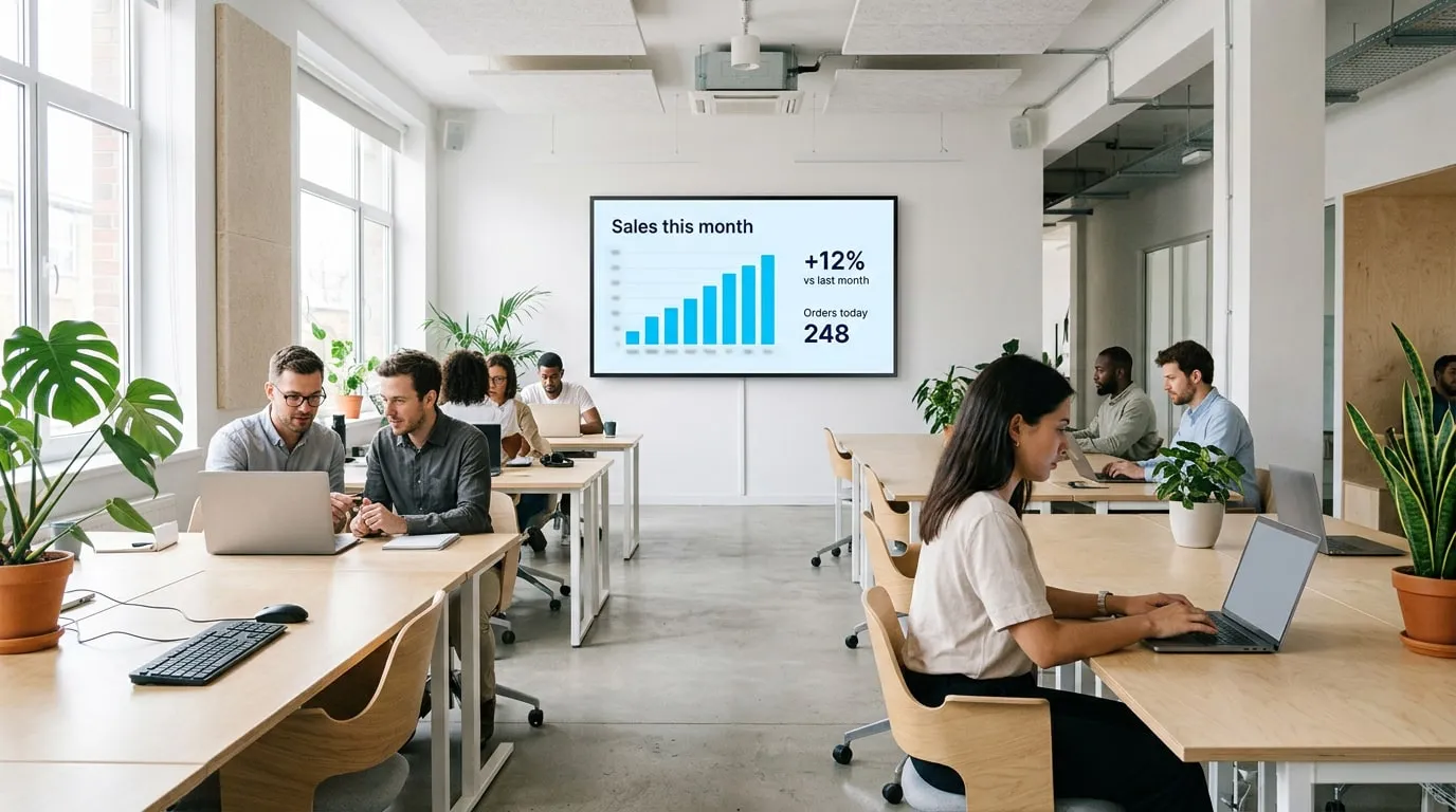 Open-plan office with people at laptops and a wall screen showing sales this month as a bar chart, up 12% on last month, with 248 orders today