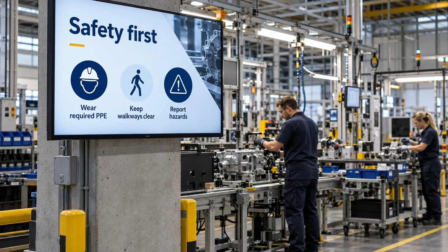 Production line with a screen reminding workers to wear protective gear, keep walkways clear and report hazards