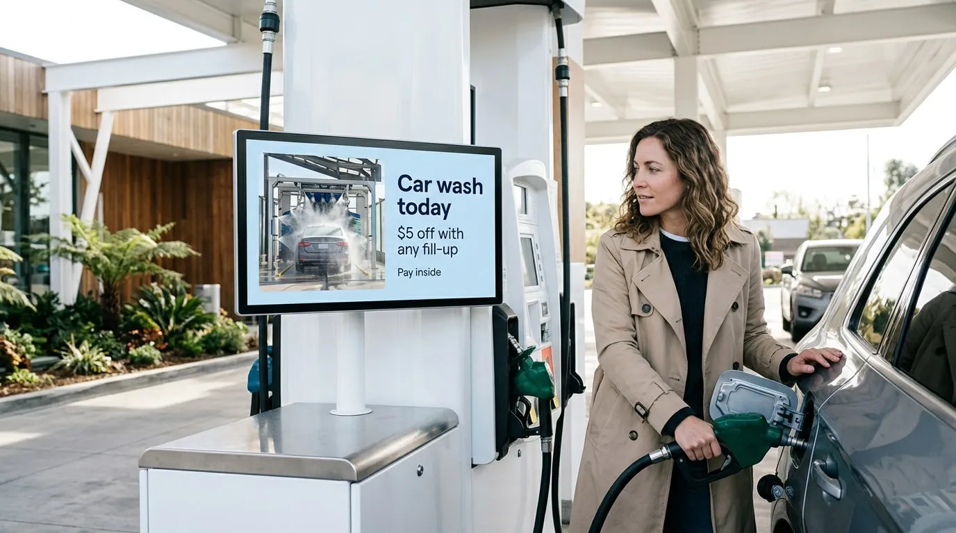 Woman filling up her car and looking at a screen on the fuel pump: Car wash today, $5 off with any fill-up, pay inside