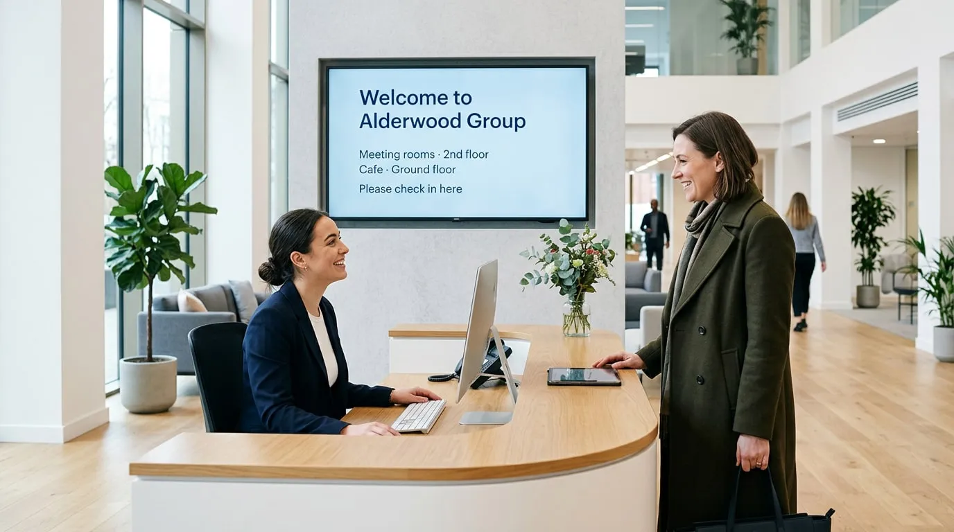 Receptionist welcoming a visitor at the front desk, below a screen saying Welcome to Alderwood Group, meeting rooms on the 2nd floor, cafe on the ground floor and please check in here