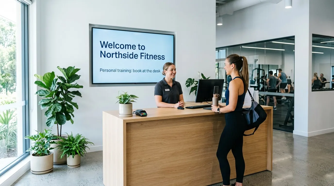 Receptionist greeting a member at a wooden front desk, below a wall screen saying Welcome to Northside Fitness and Personal training: book at the desk
