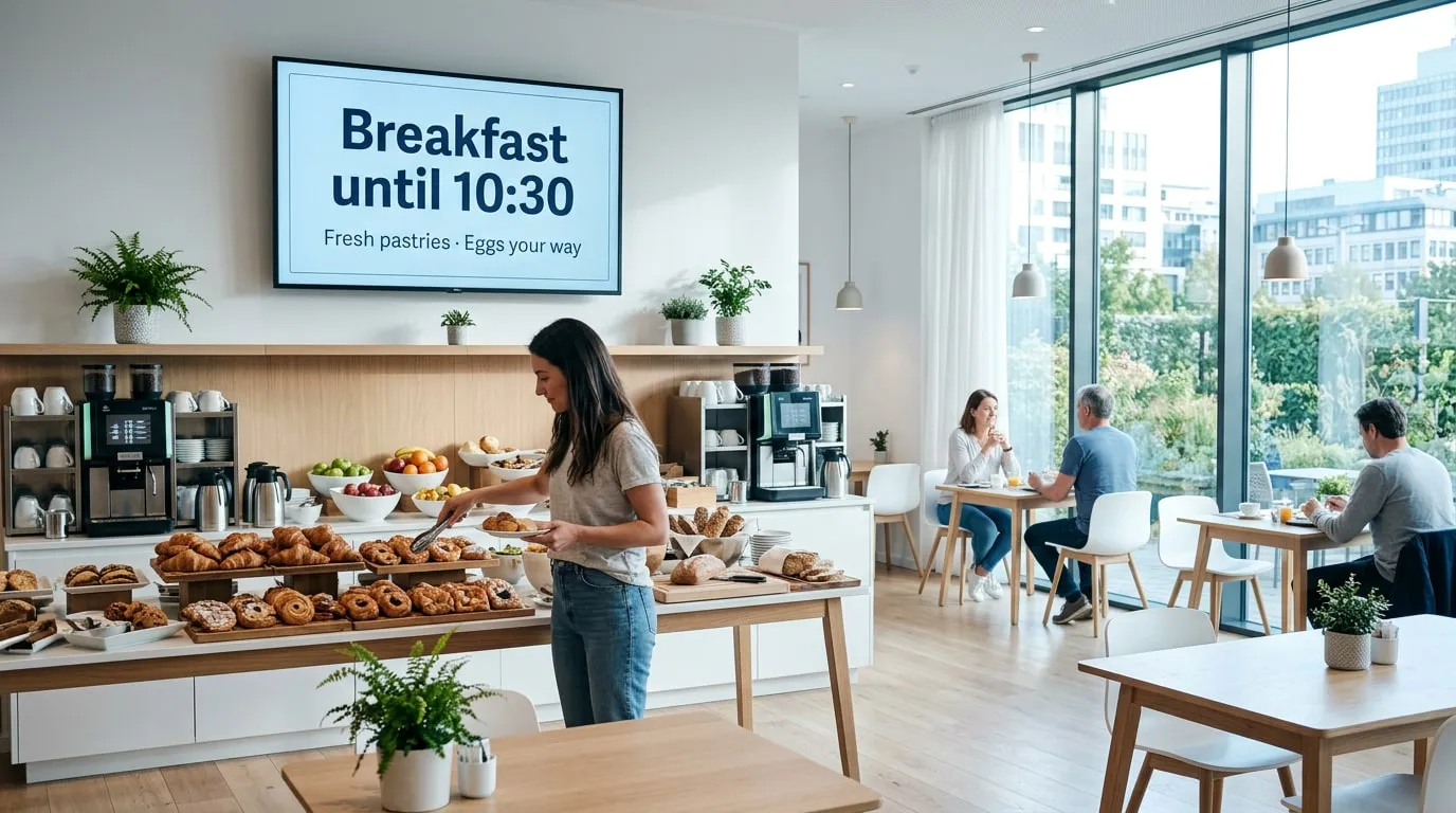 Hotel breakfast room with a guest at the pastry buffet, under a screen saying breakfast until 10:30, fresh pastries and eggs your way
