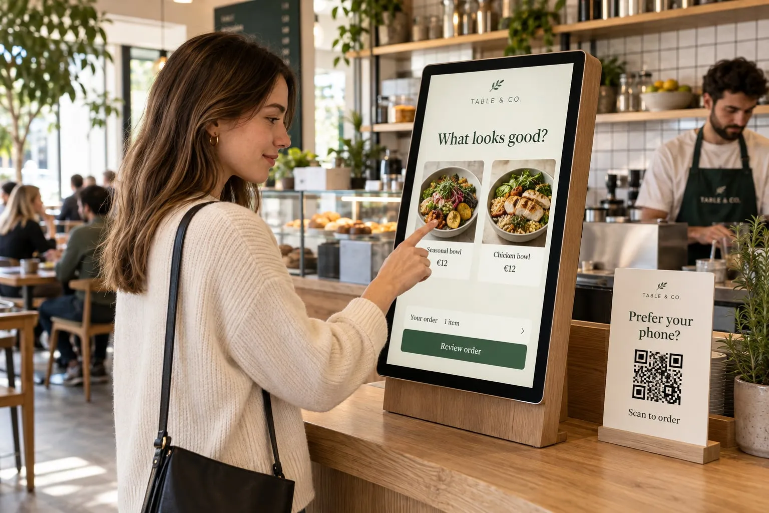 Woman ordering on a self-order touch screen, next to a sign with a QR code to order by phone