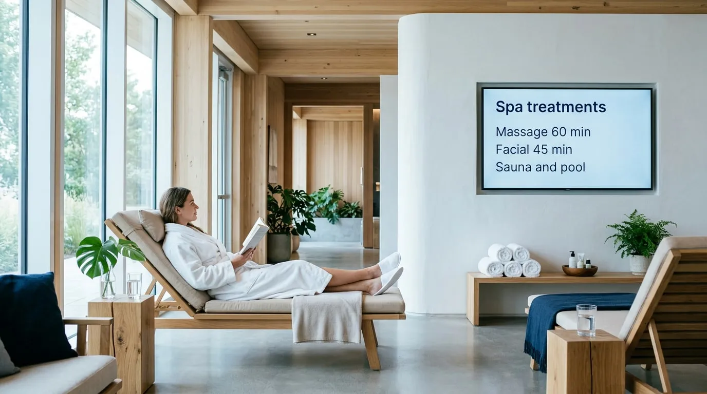 Guest in a white robe reading on a lounge chair in a calm spa lounge, with a wall screen listing spa treatments: massage 60 min, facial 45 min, sauna and pool